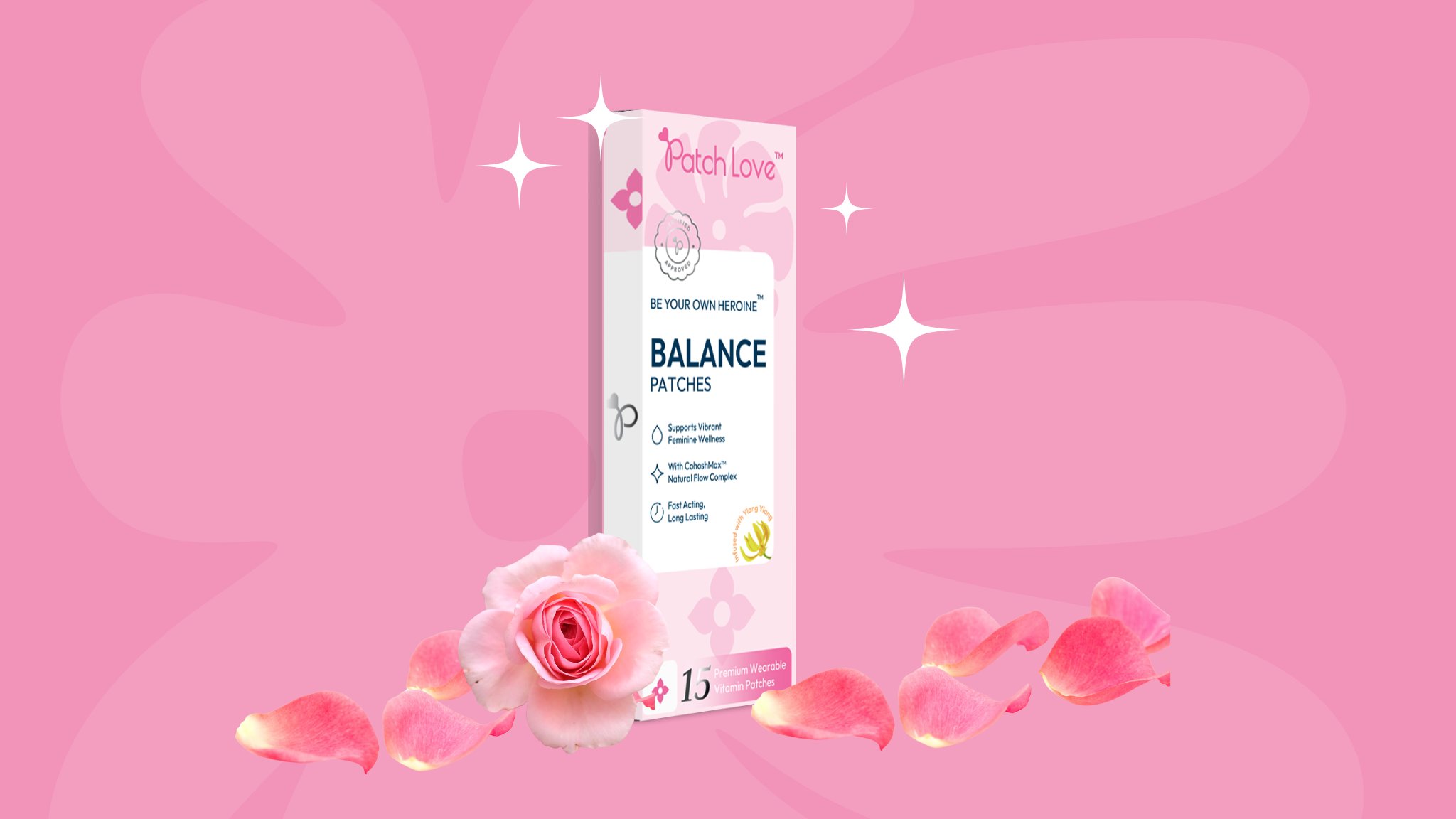 Be Your Own Heroine™ Balance Patch box with rose petals – designed to support hormone balance and calm