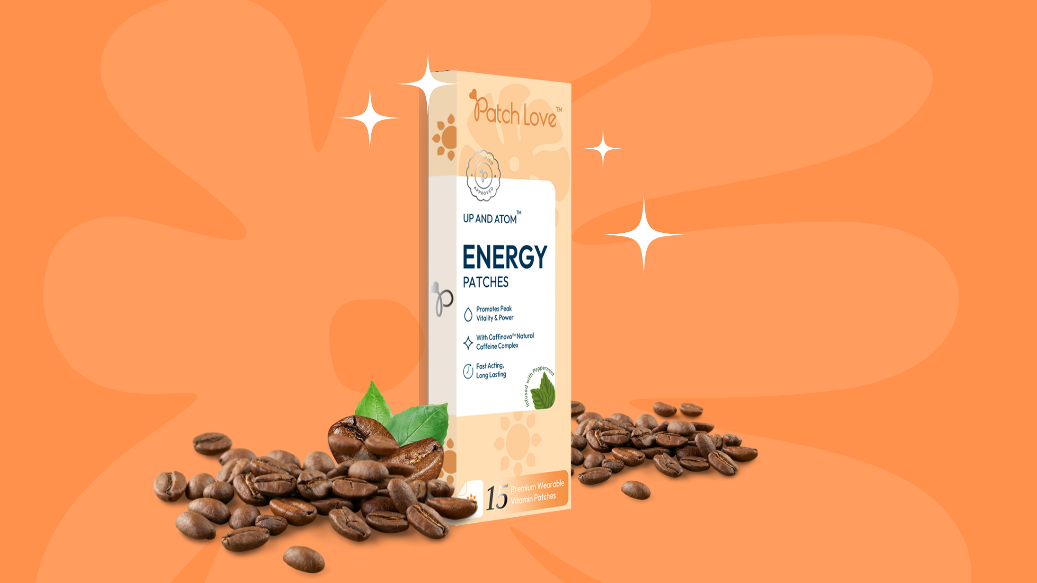 Flat lay of Up and Atom™ Energy Patch box with coffee beans – energising visual to represent clean, natural focus and stamina