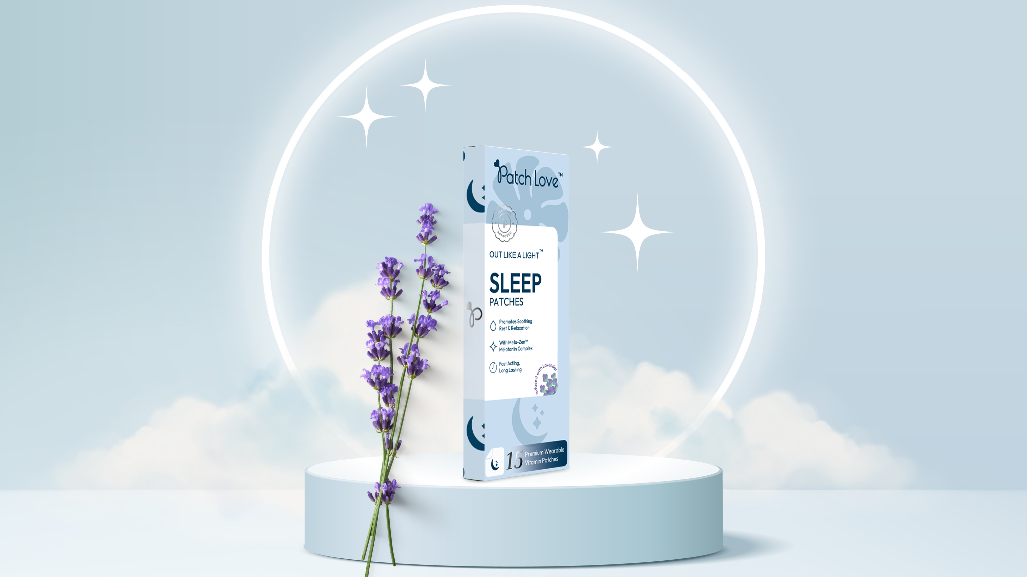 stylised photo of patch love out like a light sleep patch with clouds behind giving the feeling of sleep