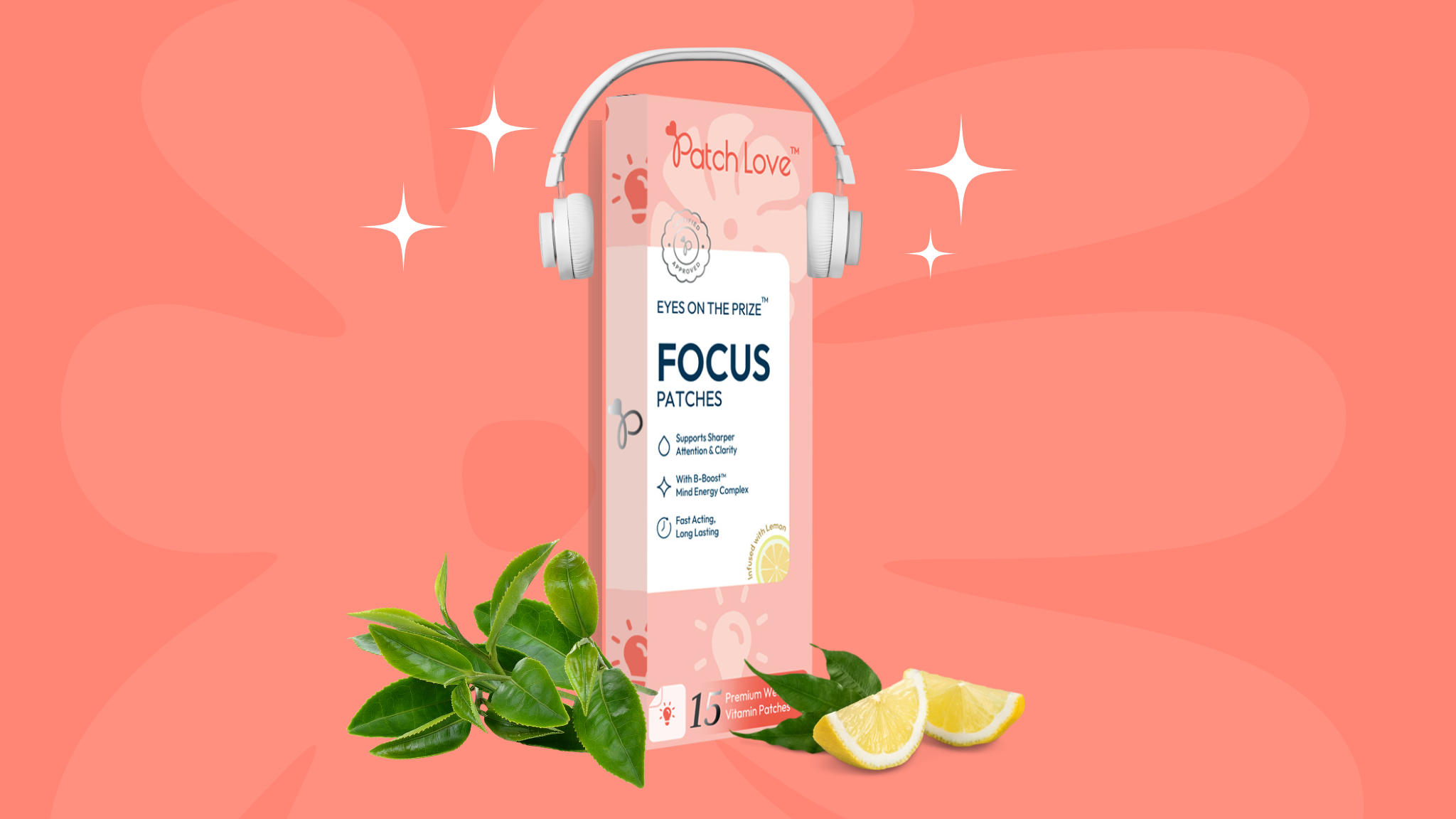 Eyes on the Prize™ Focus Patch box with green tea leaves and lemon slices – clean focus, naturally inspired