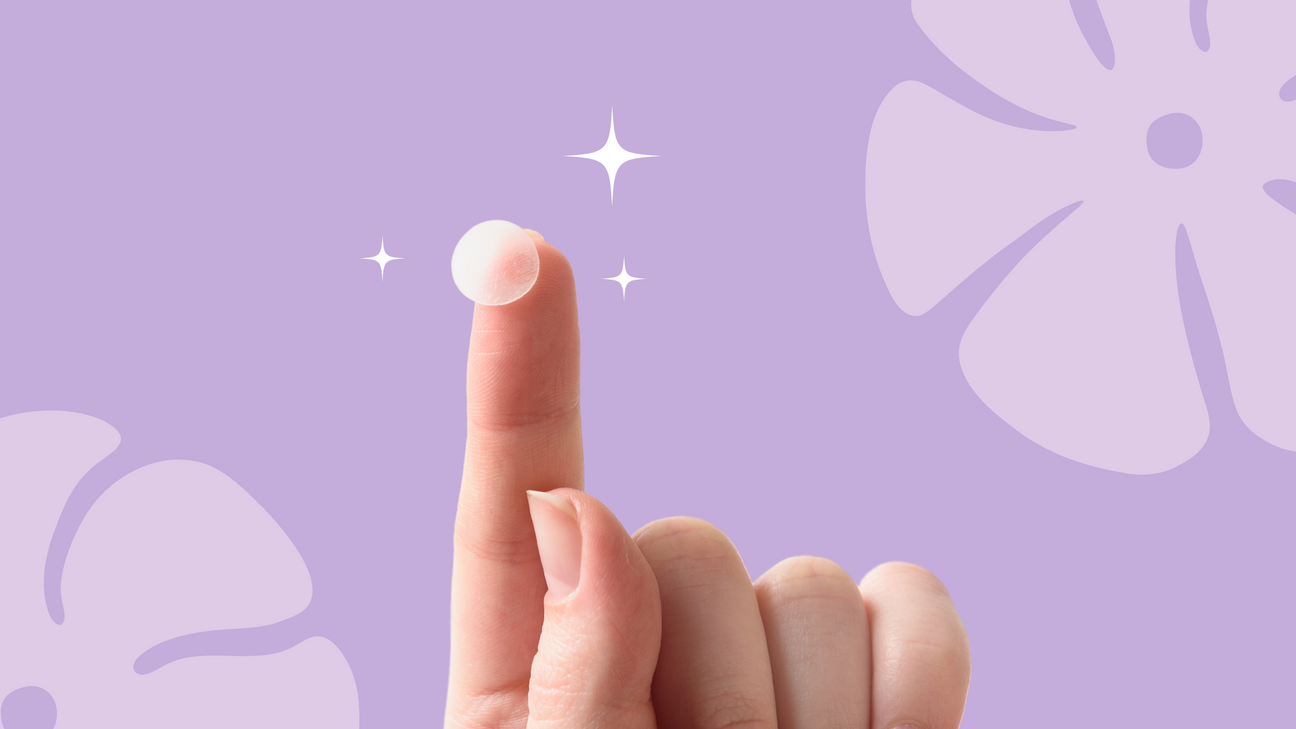 a finger holding a hydrocolloid patch stylised back ground branding for Patch Love