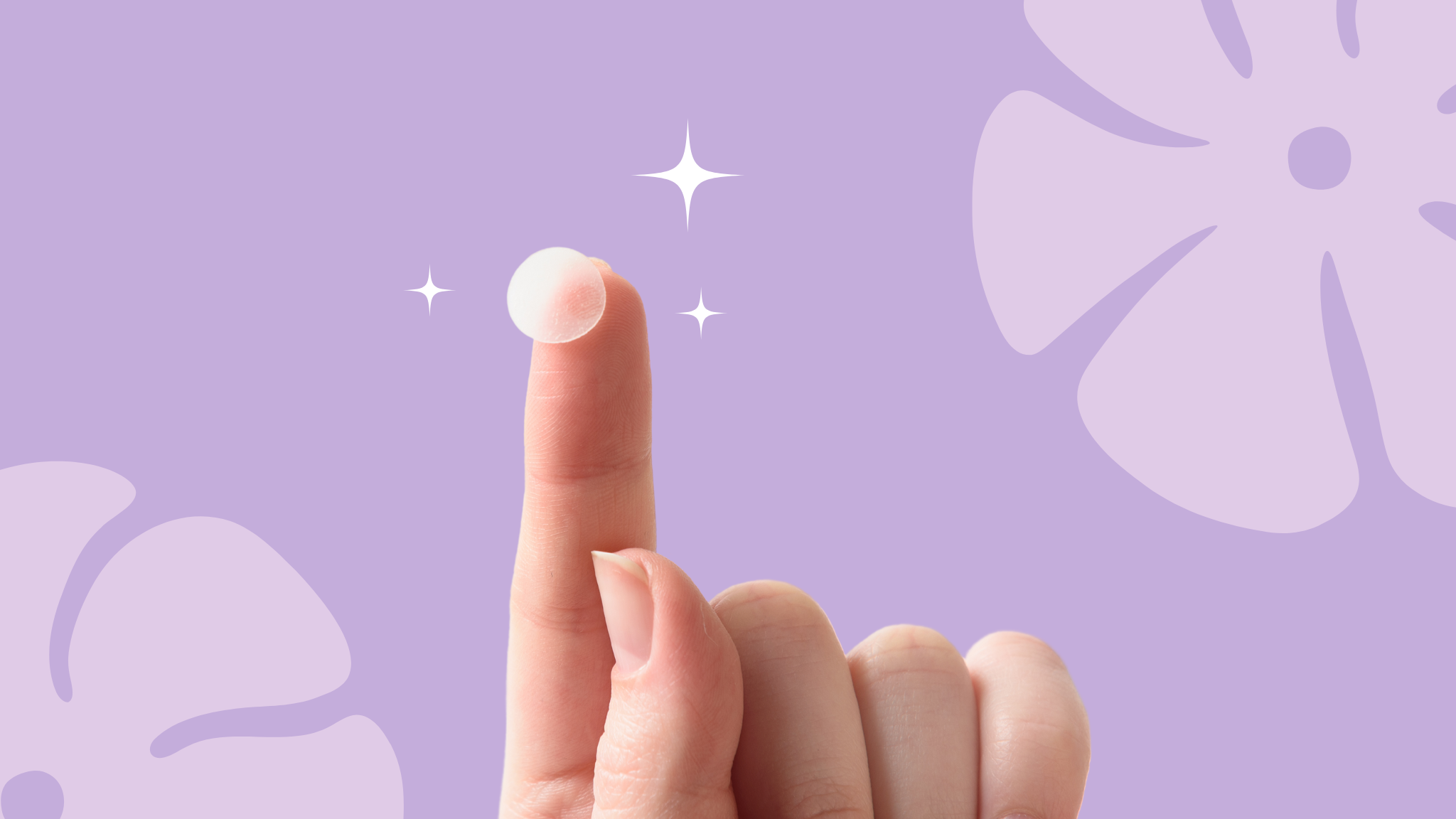 a finger holding a hydrocolloid patch stylised back ground branding for Patch Love