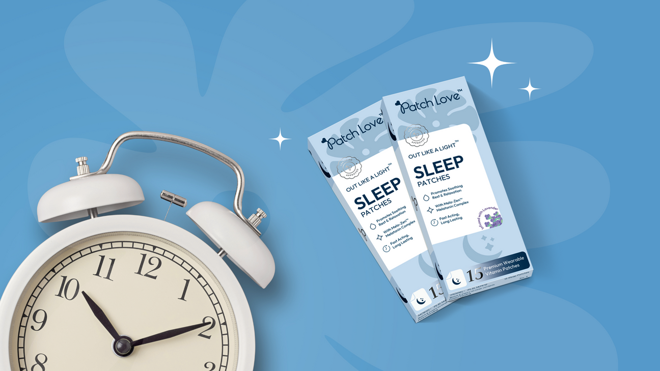 flat lay images of patch love sleep patches out like a light with an alarm clock and blue stylised background giving the feeling of sleep