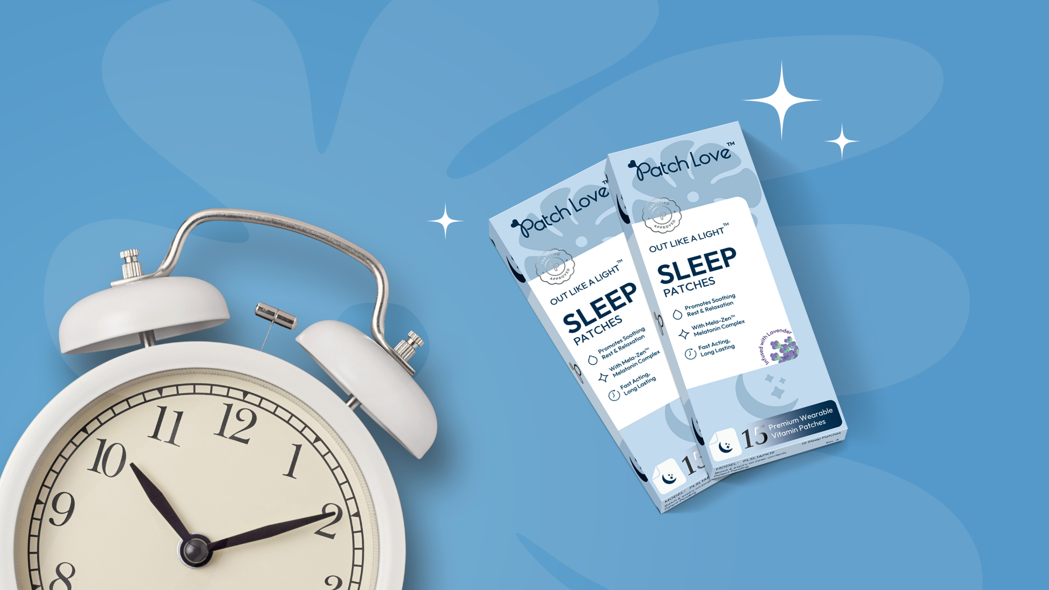 flat lay images of patch love sleep patches out like a light with an alarm clock and blue stylised background giving the feeling of sleep