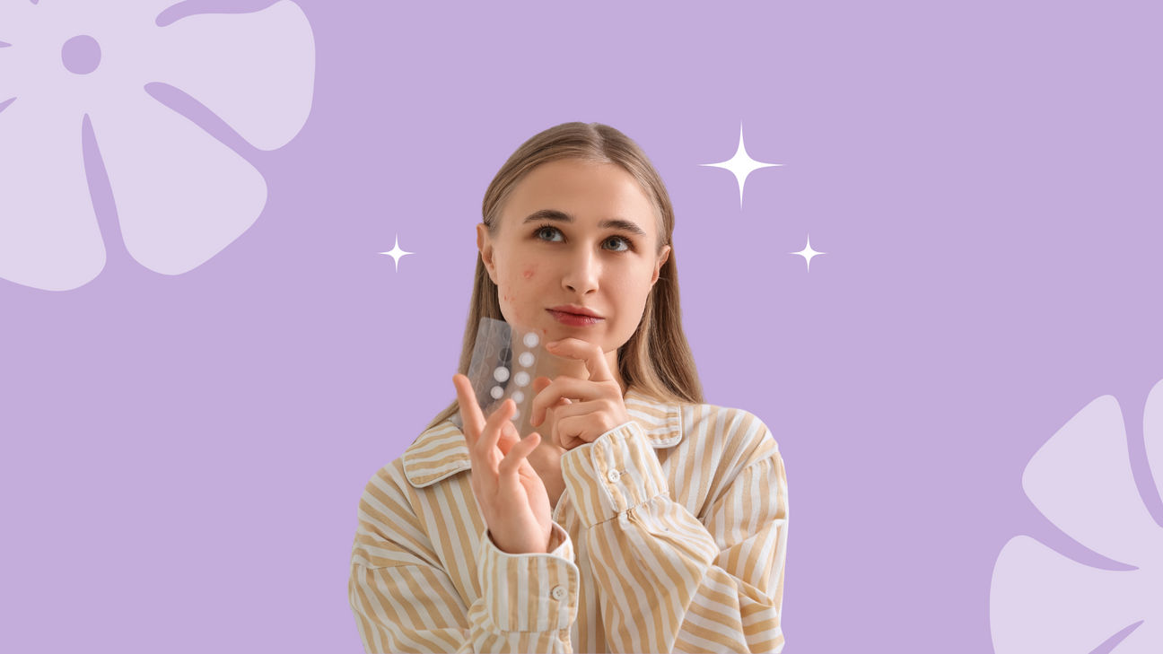 young woman holding pimple patches wondering how fast they work holding a sheet of acne patches