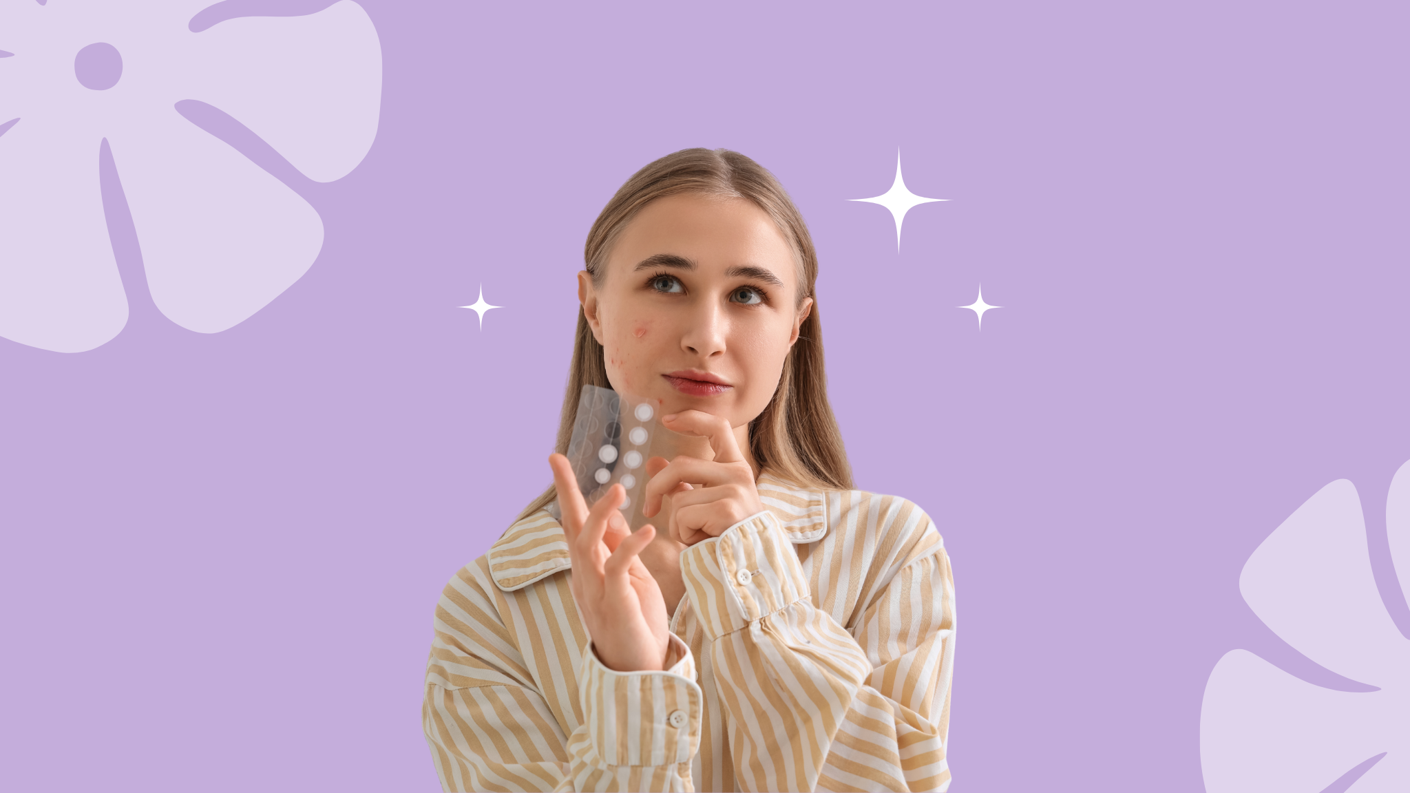 young woman holding pimple patches wondering how fast they work holding a sheet of acne patches