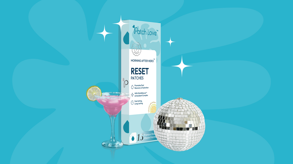 Morning After Hero™ Reset Patch flat lay with disco ball and cocktail – a fun, party-ready scene symbolizing post-night-out recovery.