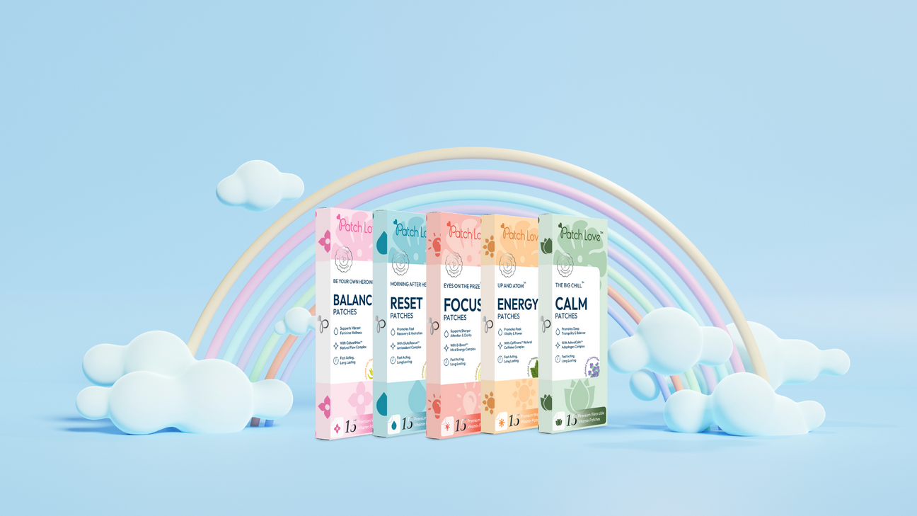 an array of patch love vitamin patches colourful under a animated rainbow 