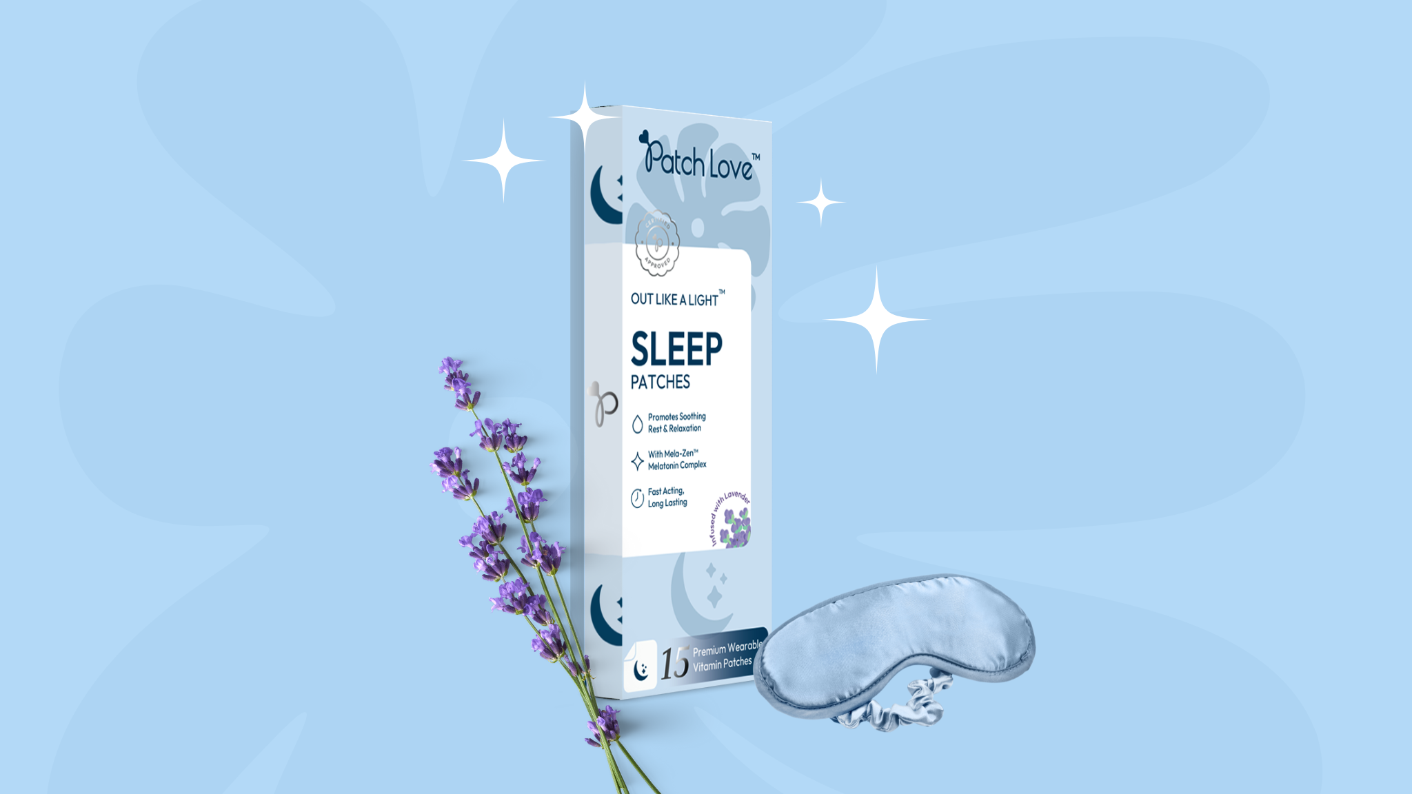 Out Like a Light™ melatonin sleep patch flat lay with lavender and sleep mask for nighttime routine