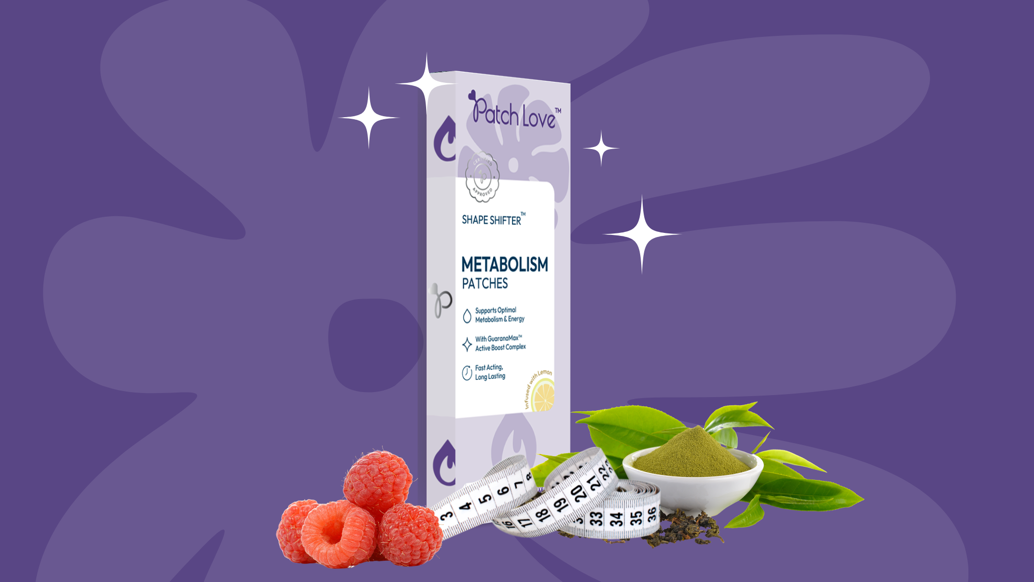Shape Shifter™ Metabolism Patch flat lay with raspberry ketones, green tea leaves, and a measuring tape symbolizing metabolic support.