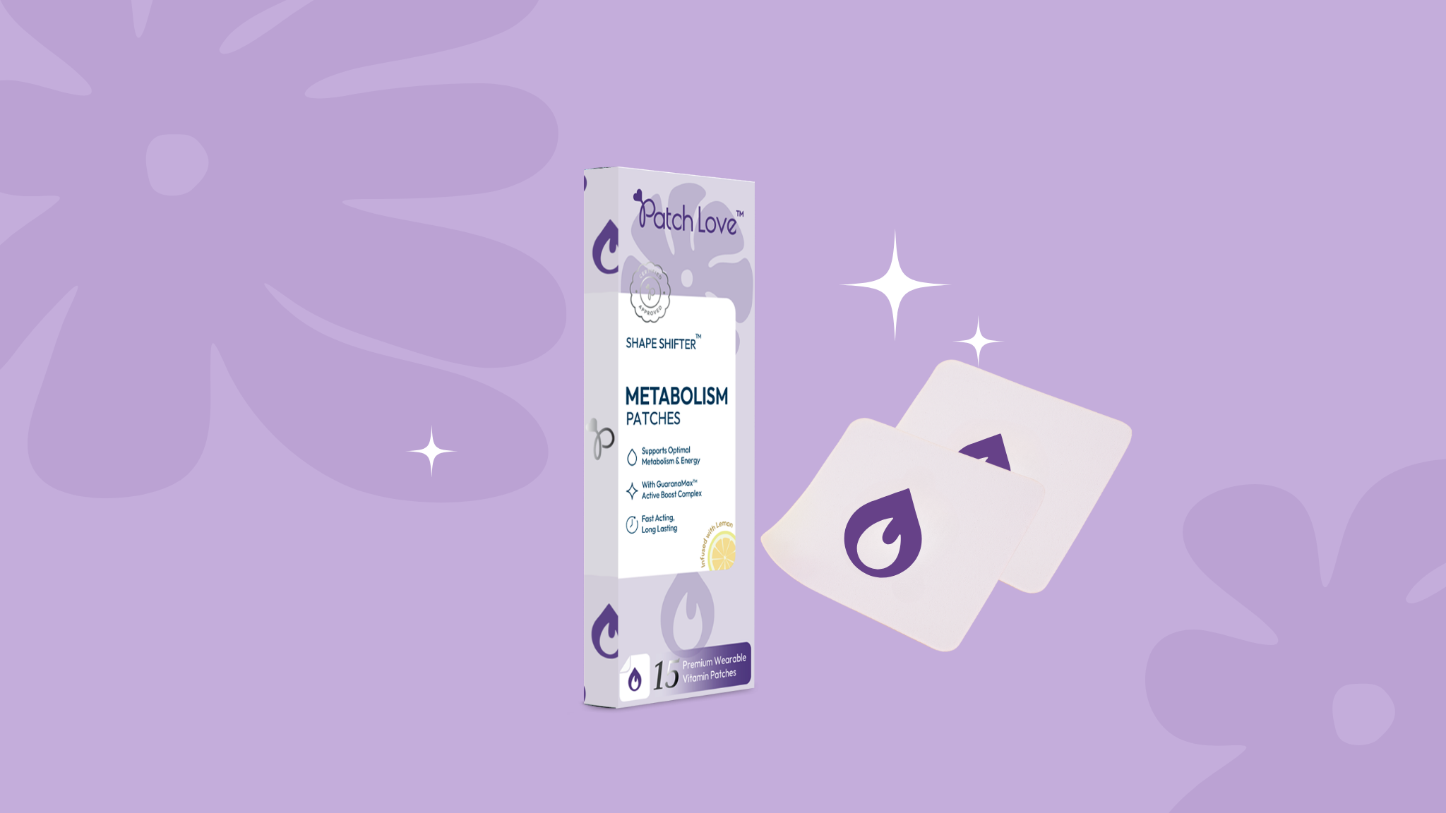 flat image of patch love shape shifter metabolism patch with animated image of vitamin patches and stylised branded imagery