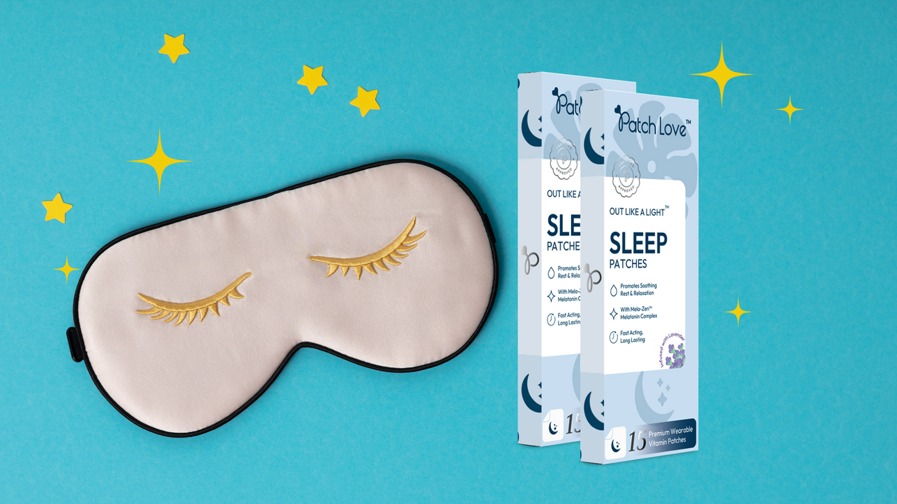 Flat lay of Out Like a Light™ Sleep Patch with calming bedtime essentials