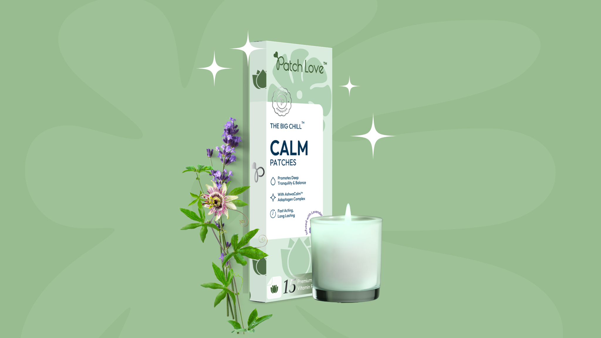 Flat lay of The Big Chill™ Calm Patch box with candle, lavender, and passion flower – a soothing setup for daily calm