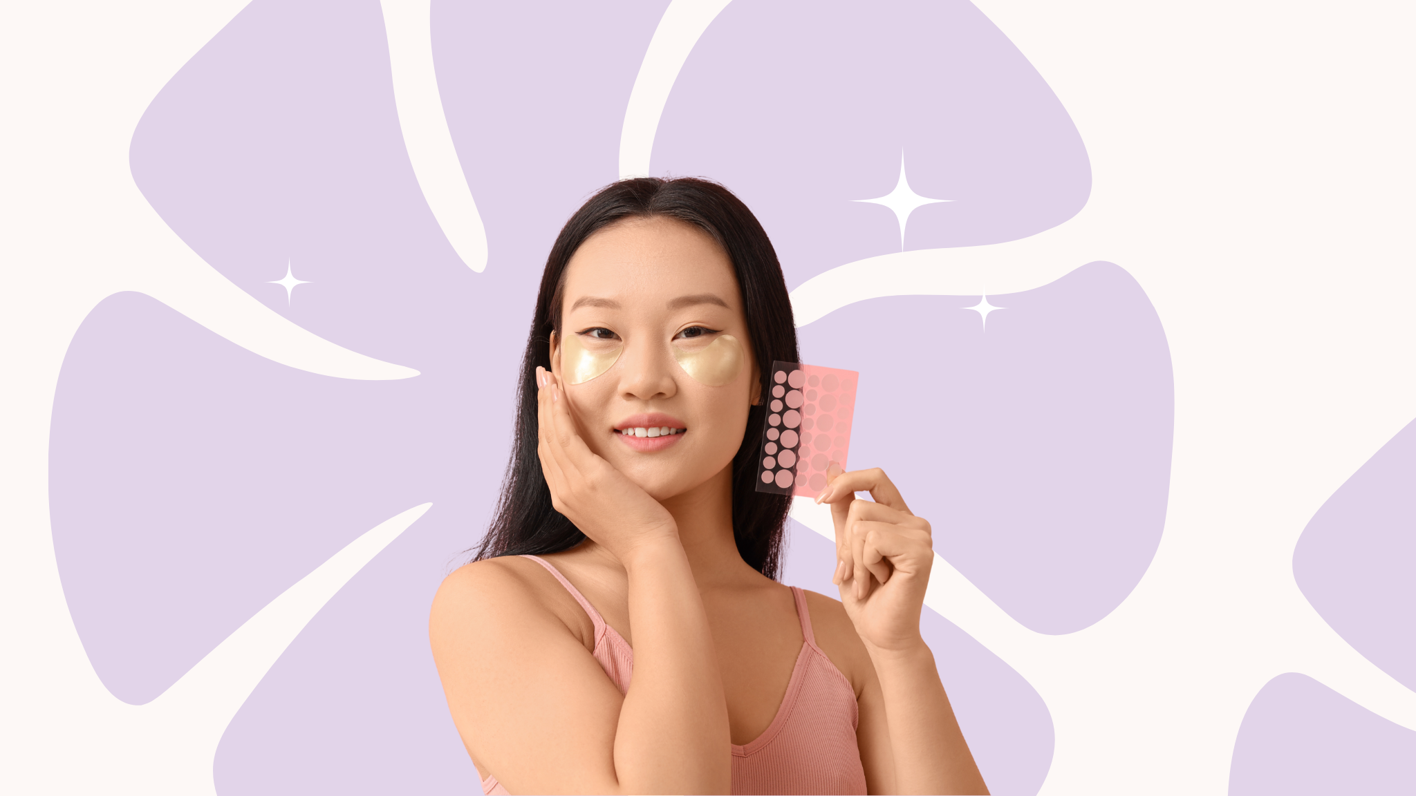 asian young woman holding pimple patches stylised to patch love branding colours for k-dot Korean technology pimple patches