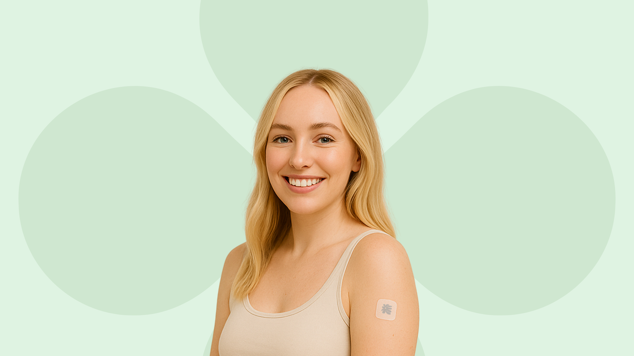 woman wearing on her upper arm a patch love calm patch, she looks relaxed and stress free