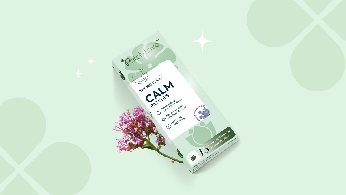 calm patch the big chill by patch love flat lay stylised scene with sprig of valerian next to box