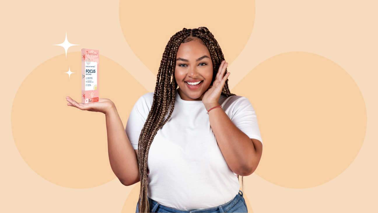 model holding a packet of Patch Love energy pathces stylised and branded image