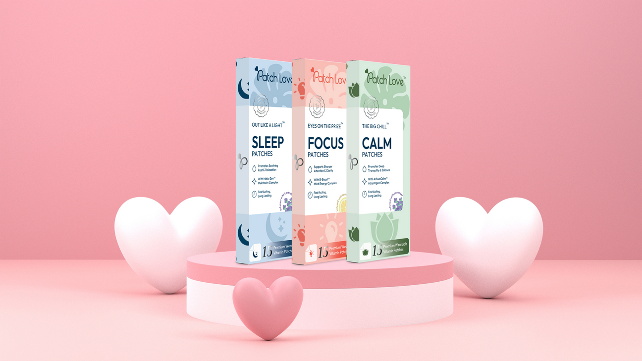 Patch Love Sleep, focus and calm patches 3d mock ups on a pink display surrounded by hearts