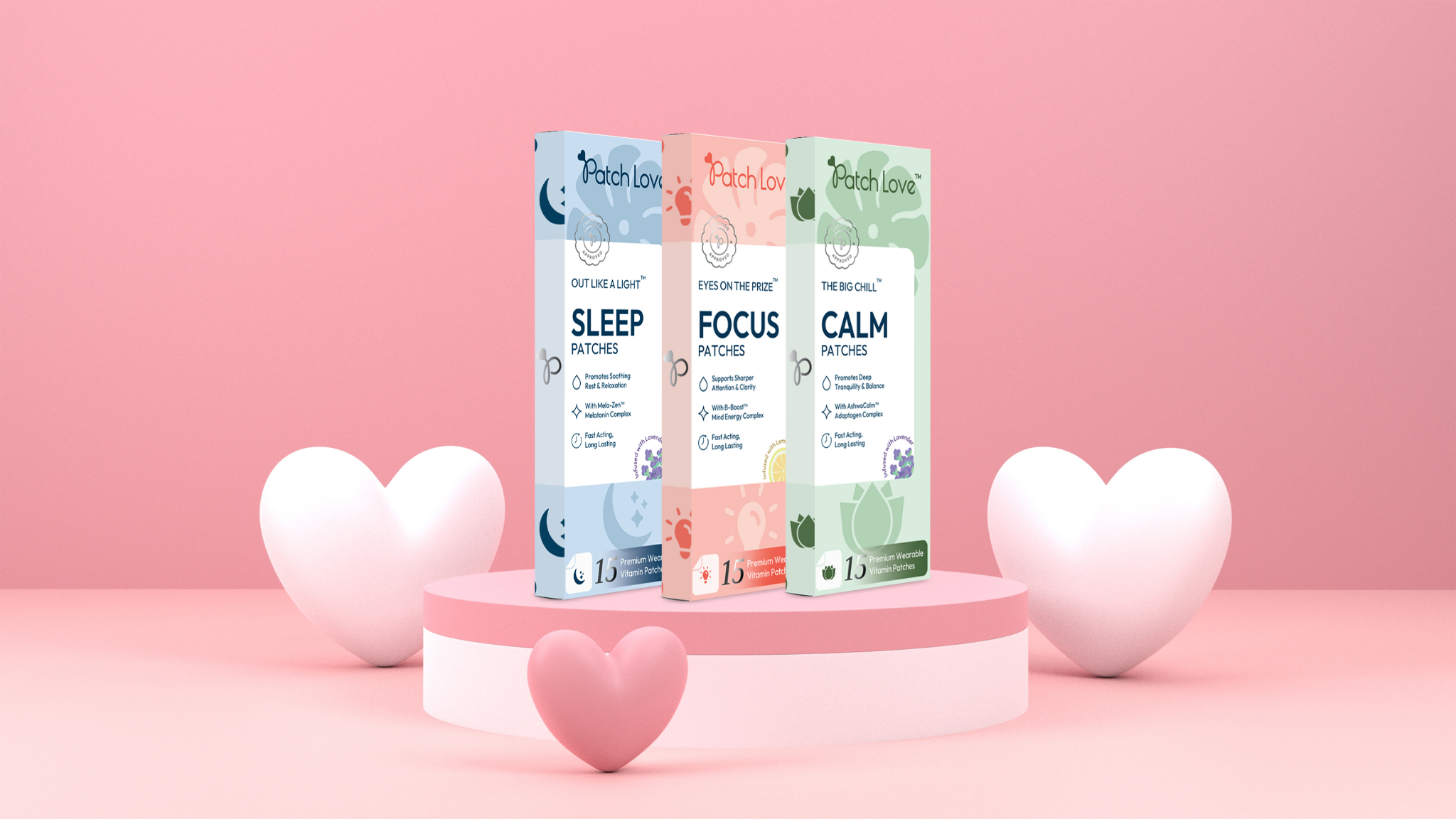 Patch Love Sleep, focus and calm patches 3d mock ups on a pink display surrounded by hearts