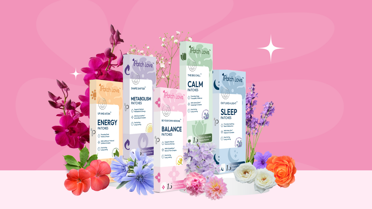 flat lay of patch love vitamin patches surrounded by floral botanicals, branded styling