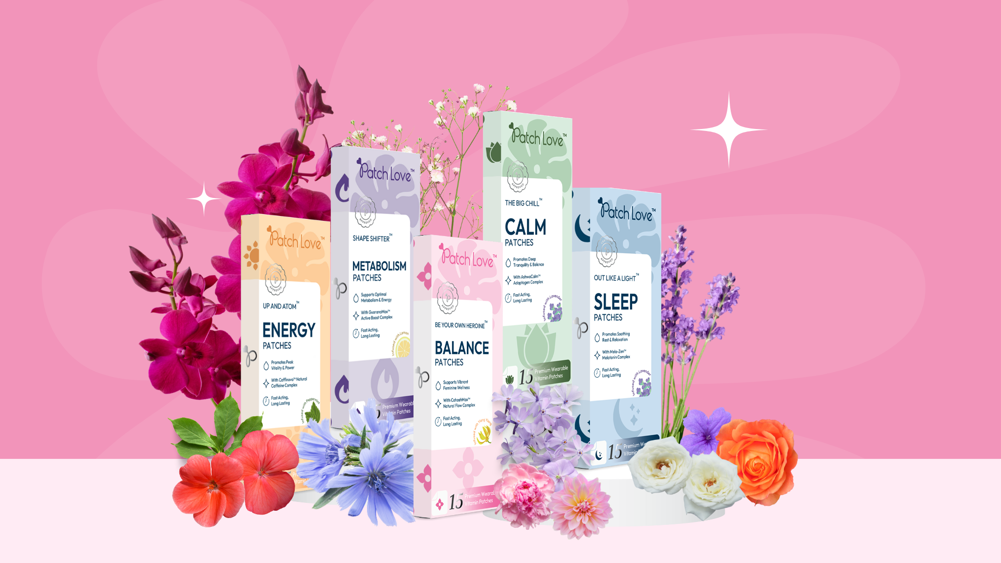 flat lay of patch love vitamin patches surrounded by floral botanicals, branded styling