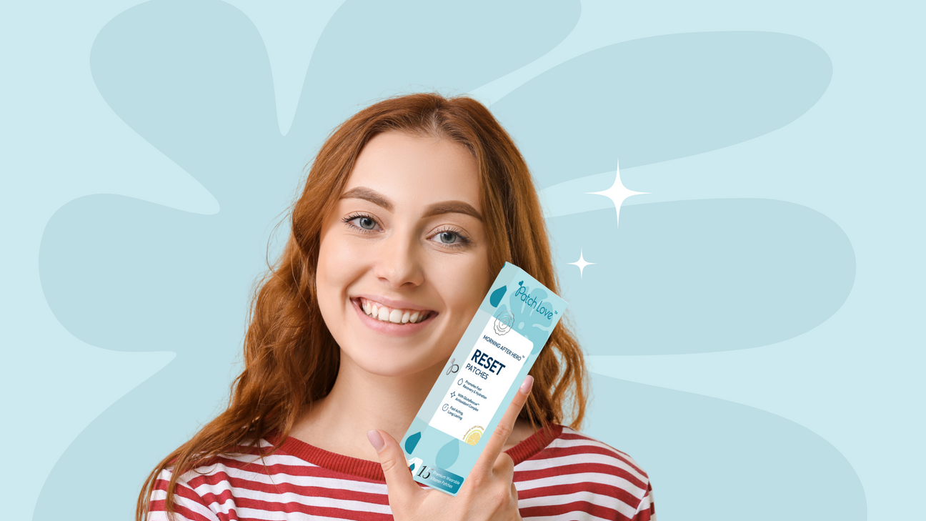 model holding the reset hangover patches wearing colour associated with uk made vitamin patches