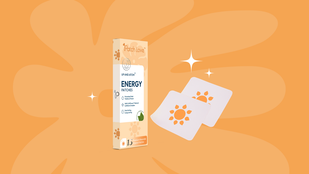 Up and Atom energy patch box by patch love stylised image with 2 vitamin patches