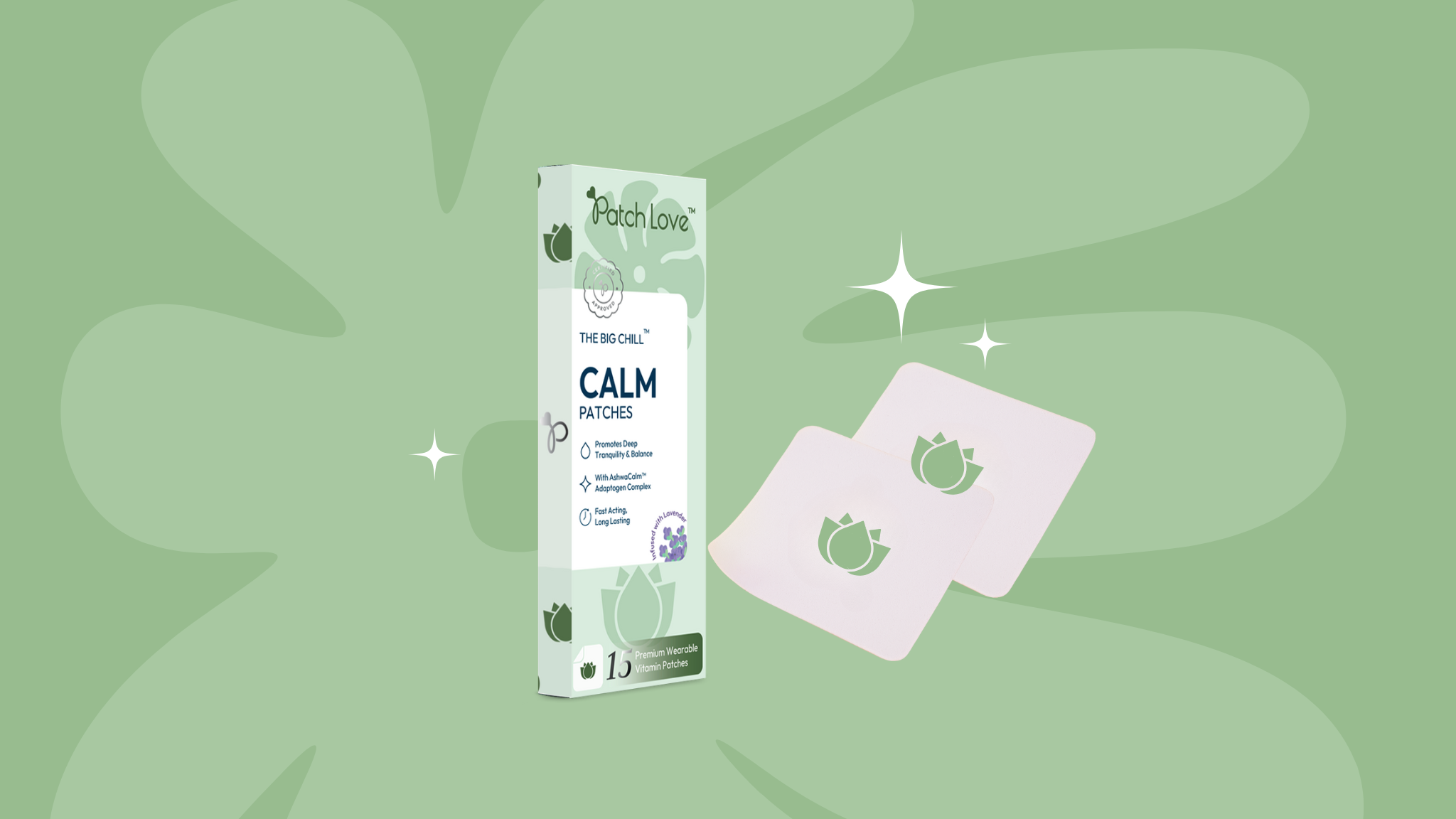 stylised image of flat lay box of calm patches by patch love the big chill for stress support 