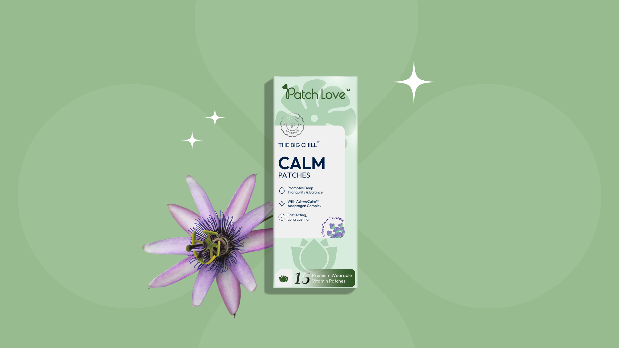 Calm patch by path love flat lay packaing with a passion flower, an ingredient in the calm vitamin patches